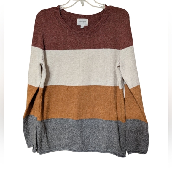Pinque Cozy Color Block Crew Neck Sweater in Brown Cream Orange And Grey Large - Picture 1 of 7